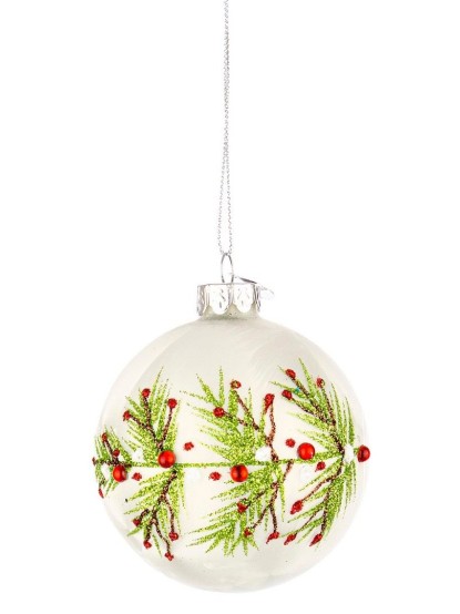 Χριστουγεννιάτικη μπάλα λευκή με σχέδιο γκι 8cm (σετ 6τεμ.)