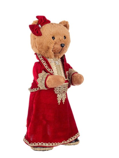 Διακοσμητικό αρκουδάκι γούνινο με κόκκινη βελουτέ στολή 26x24x54cm