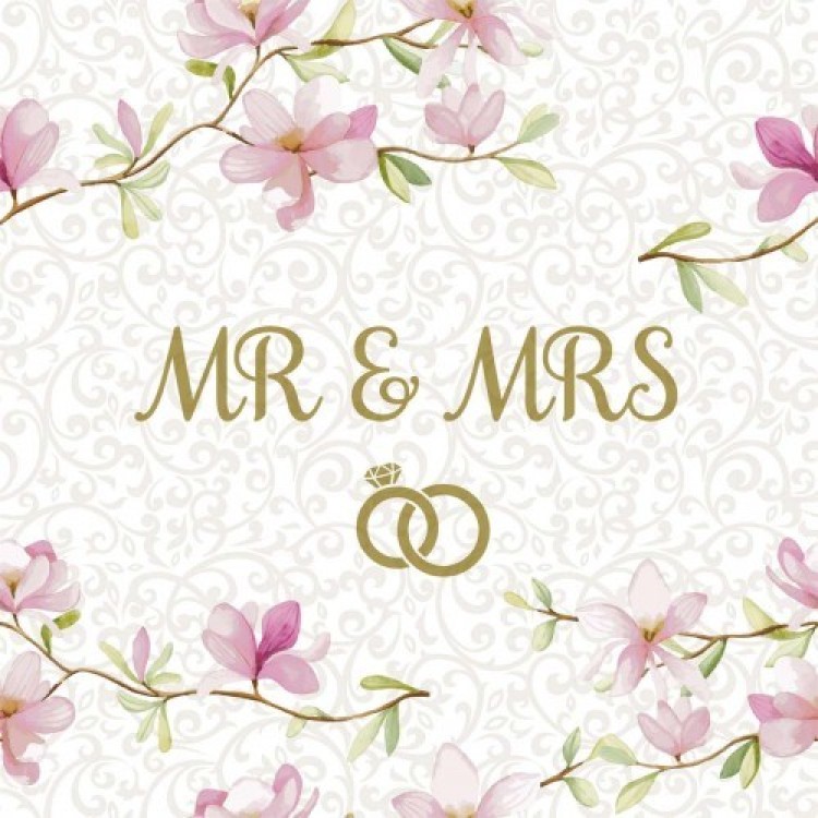 Χαρτοπετσέτα γάμου "Mr & Mrs" με λουλούδια ροζ 33x33cm