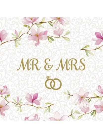 Χαρτοπετσέτα γάμου "Mr & Mrs" με λουλούδια ροζ 33x33cm (16τεμ.)