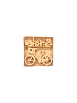 Ξύλινα μοτίφ λουλουδάκια και ποδήλατα σετ 24τμχ