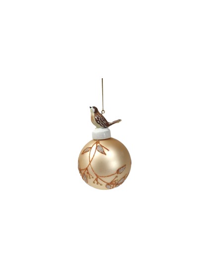 Χριστουγεννιάτικη μπάλα γυάλινη μπεζ με glitter και πουλάκι 8cm