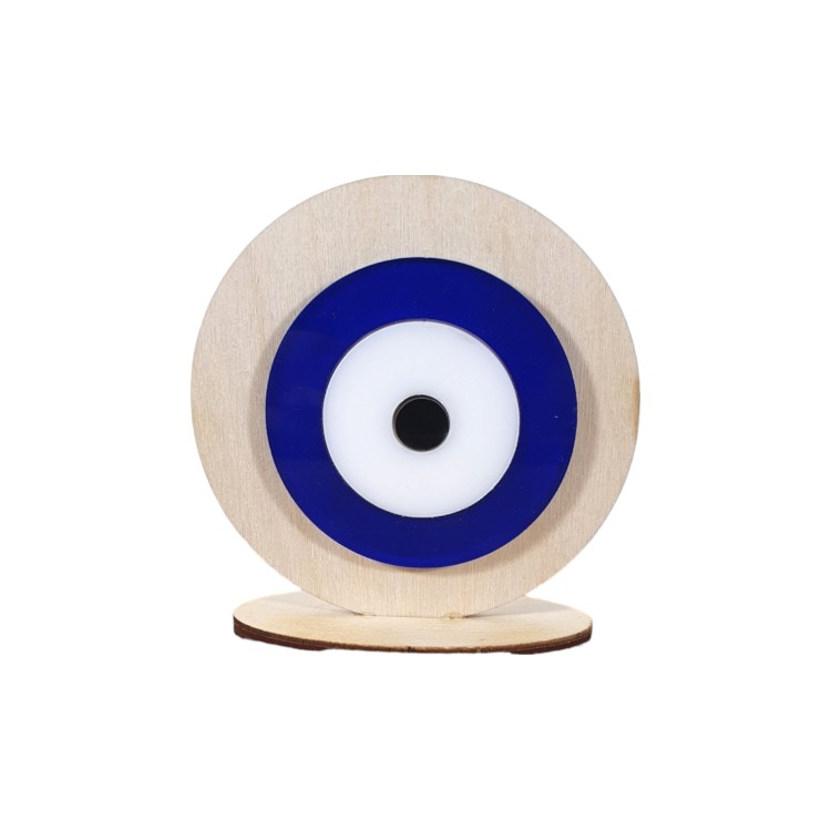 Γούρι ξύλινο στρογγυλό με βάση και μάτι πλέξιγκλας 8.5cm x 8cm