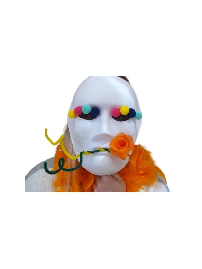 Καρναβαλική μάσκα λευκή με πον πον και τριαντάφυλλο