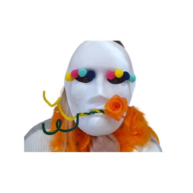 Καρναβαλική μάσκα λευκή με πον πον και τριαντάφυλλο