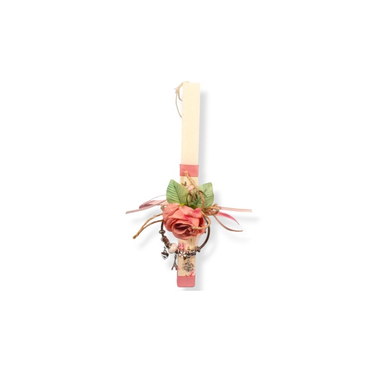 Πασχαλινή λαμπάδα με βραχιόλι με σχέδια και τριαντάφυλλο