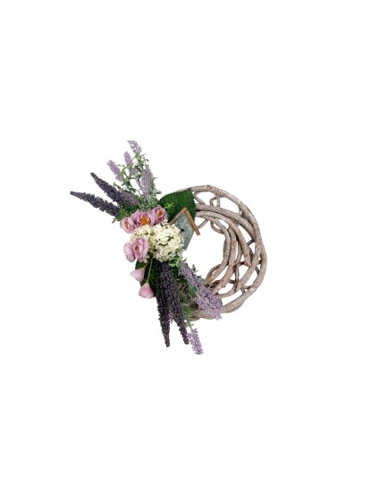 Στεφάνι κλαδένιο στολισμένο με λεβάντα και λουλούδια 25cm
