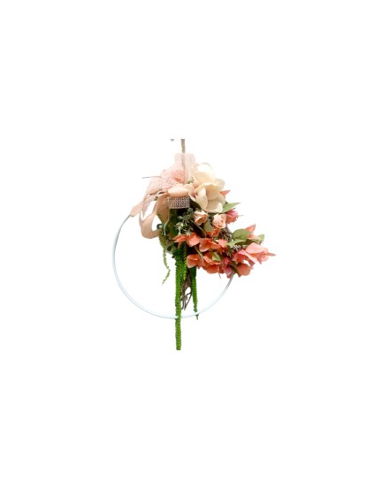 Στεφάνι μεταλλικό λευκό στολισμένο με λουλούδια εκρού ροζ 35cm