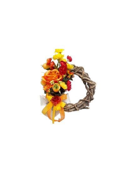 Στεφάνι κλαδένιο στολισμένο με λουλούδια κίτρινο κόκκινο 25cm