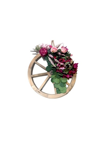 Ρόδα ξύλινη στολισμένη με λουλούδια ροζ μωβ 50cm