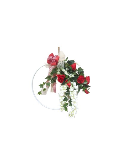 Στεφάνι μεταλλικό λευκό στολισμένο με λουλούδια κόκκινο λευκό 40cm