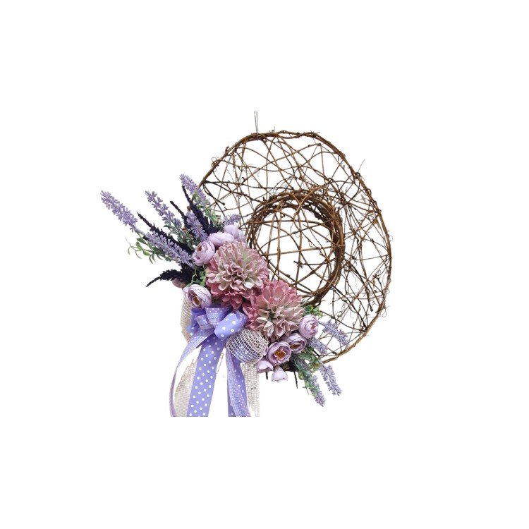 Καπέλο κλαδένιο στολισμένο με λουλούδια μωβ λιλά 40cm