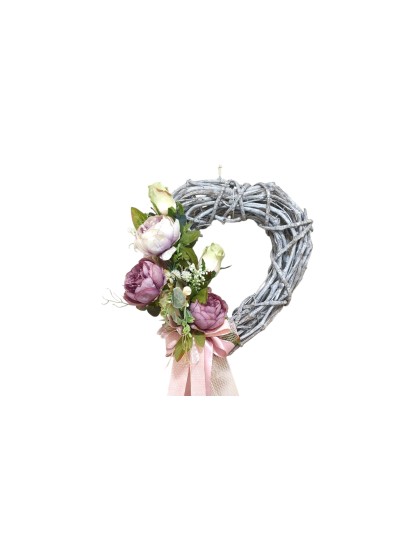 Καρδιά κλαδένια στολισμένη με τριαντάφυλλα και παιώνιες 40cm