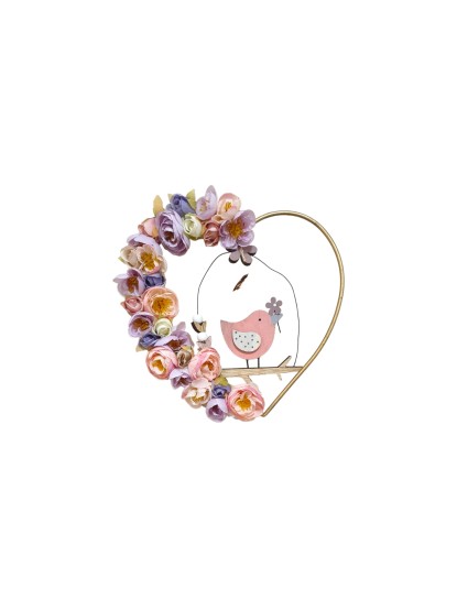Καρδιά μεταλλική χρυσή στολισμένη με λουλούδια και πουλάκι σε κούνια 20cm