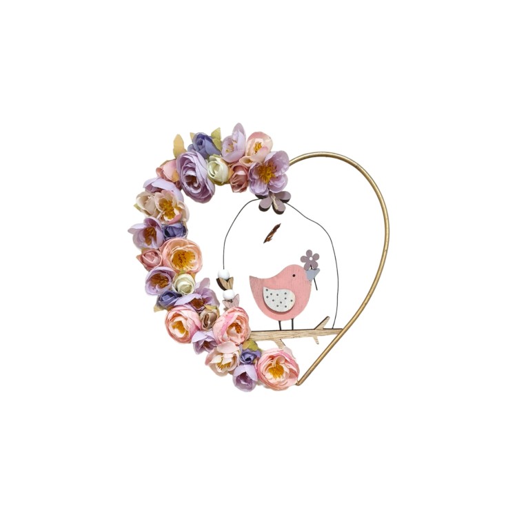 Καρδιά μεταλλική χρυσή στολισμένη με λουλούδια και πουλάκι σε κούνια 25cm