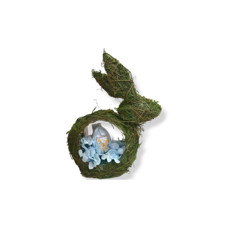 Λαγουδάκι κλαδένιο με σύνθεση λουλουδιών και πασχαλινό αυγό 40cm