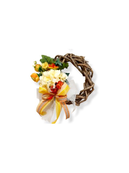 Στεφάνι κλαδένιο στολισμένο με ορτανσίες και λουλούδια κίτρινο πορτοκαλί 25cm