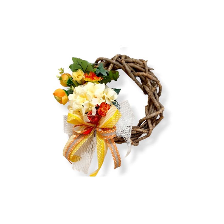Στεφάνι κλαδένιο στολισμένο με ορτανσίες και λουλούδια κίτρινο πορτοκαλί 25cm