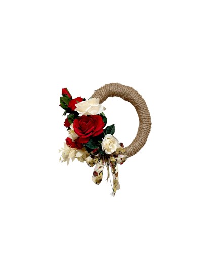 Στεφάνι από σχοινί στολισμένο με τριαντάφυλλα και ορτανσίες 30cm