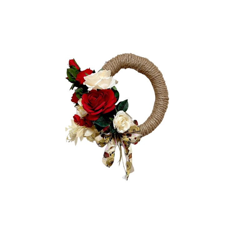 Στεφάνι από σχοινί στολισμένο με τριαντάφυλλα και ορτανσίες 30cm