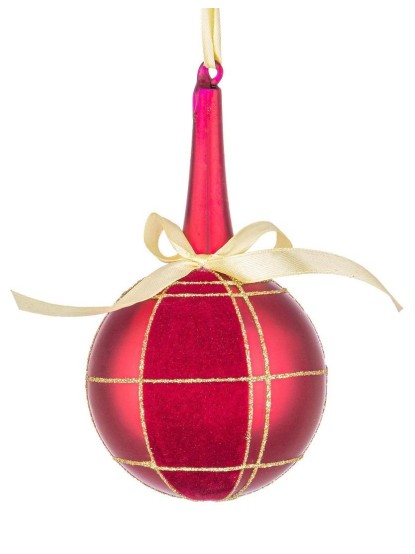 Χριστουγεννιάτικη μπάλα γυάλινη κόκκινη με ρίγες glitter 8x14,8cm (σετ 4τεμ.)