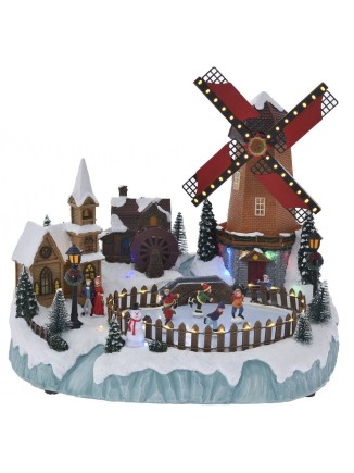 Χριστουγεννιάτιατικος ανεμόμυλος σε χωριό με παγοδρόμιο 38x28x33cm ρεύματος