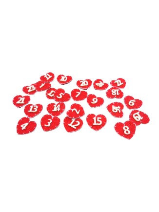 Καρδούλες τσόχινες με αριθμούς κόκκινες σετ 24τεμ.