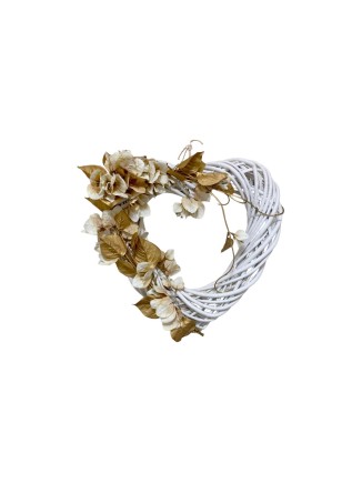Διακοσμητική καρδιά βέργινη λευκή με βουκαμβίλια 40cm