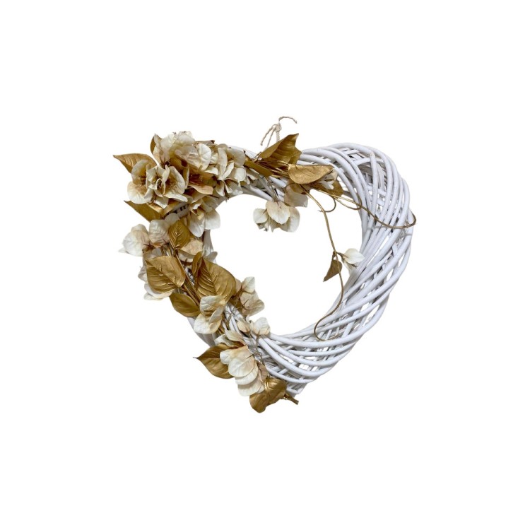 Διακοσμητική καρδιά βέργινη λευκή με βουκαμβίλια 40cm