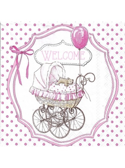 Χαρτοπετσέτα "Welcome" με καροτσάκι μωρού ροζ 25x25cm