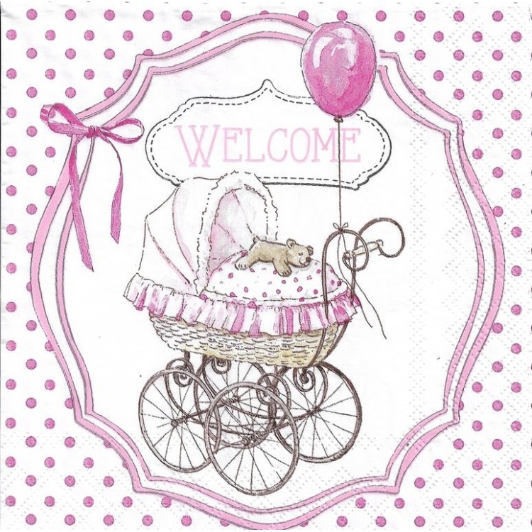 Χαρτοπετσέτα "Welcome" με καροτσάκι μωρού ροζ 25x25cm