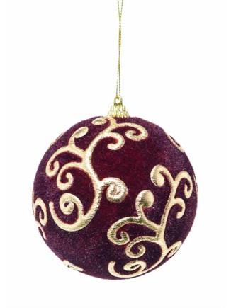 Χριστουεννιάτικη μπάλα βελούδινη μπορντό-χρυσό 15cm  το τεμ.