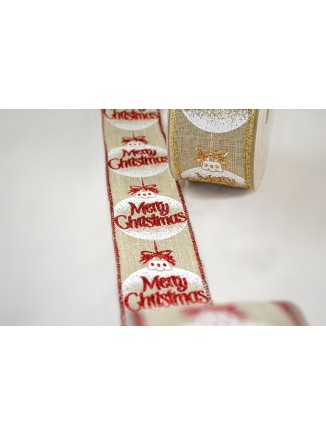 Κορδέλα υφασμάτινη με σύρμα μπάλες Merry Christmas 5,5cm/μέτρο