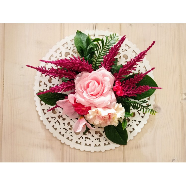 Ξύλινη βάση με λουλούδια ροζ-φούξια 28cm