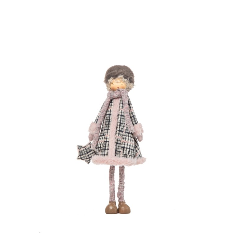 Κούκλα με παλτό καρώ ροζ μαύρο με αστεράκι