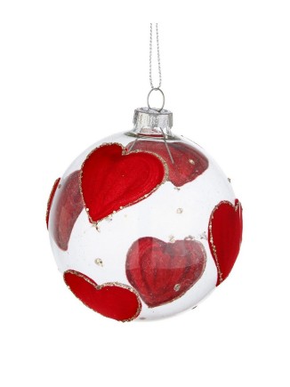 Χριστουγεννιάτικη μπάλα γυάλινη διάφανη με καρδούλες 8cm