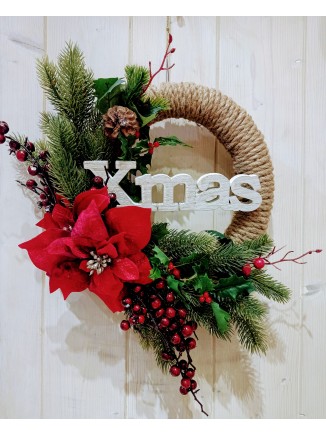 Χριστουγεννιάτικο στεφάνι από σχοινί με γκι και αλεξανδρινό κόκκινο 35cm