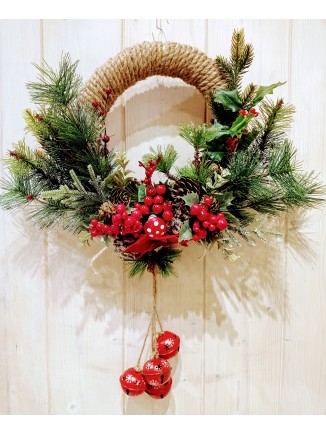 Χριστουγεννιάτικο στεφάνι από σχοινί με κλαδιά και γκι 30cm