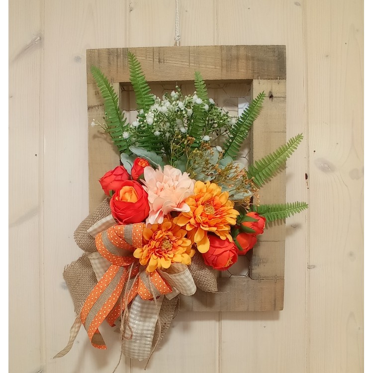 Τελάρο ξύλινο με λουλούδια πορτοκαλί τριαντάφυλλα 29cm x 38cm