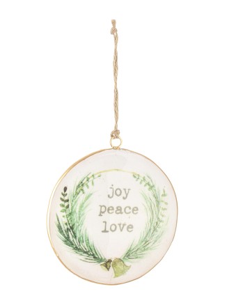 Χριστουγεννιάτικη μεταλλική μπάλα με στεφανάκι joy-peace-love 10cm