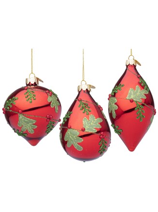 Χριστουγεννιάτικη μπάλα γυάλινη κόκκινη με φύλλα glitter(συσκ.6 τεμ)