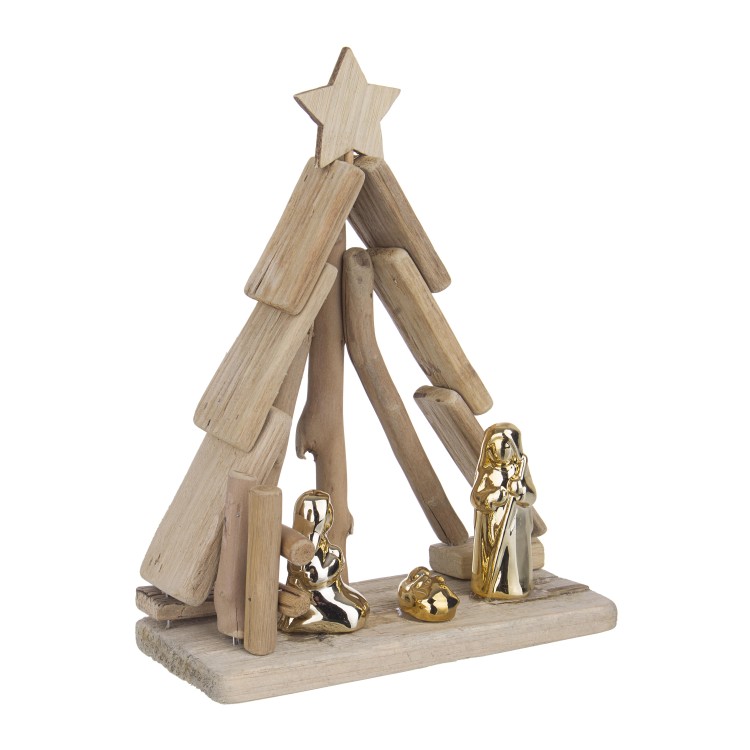 Χριστουγεννιάτικη φάτνη ξύλινη με πολυρεζίν χρυσές φιγούρες 18x8x23cm
