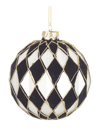 Χριστουγεννιάτικη μπάλα γυάλινη με ρόμβους μαύρους βελουτέ 100mm(συσκ.4 τεμ)