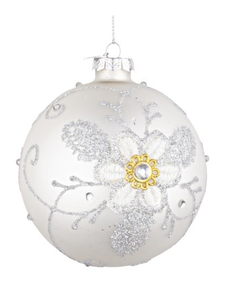 Χριστουγεννιάτικη μπάλα γυάλινη ασημί με λουλούδι 100mm(συσκ.4τεμ)