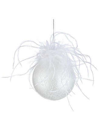 Χριστουγεννιάτικη μπάλα γυάλινη λευκή με πούπουλα 80mm(συσκ.6τεμ)