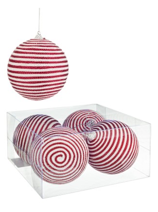 Χριστουγεννιάτικη μπάλα συνθετική με κορδονάκι κόκκινο-λευκό 100mm(συσκ.4τεμ)