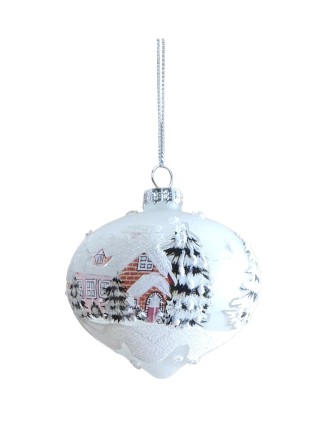 Χριστουγεννιάτικη μπάλα γυάλινη λευκή με χιονισμένο χωριό(συσκ.6 τεμ)