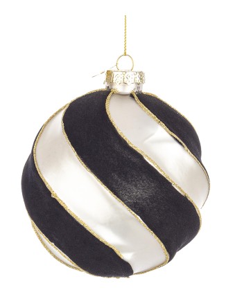 Χριστουγεννιάτικη μπάλα γυάλινη με μαύρες ρίγες βελουτέ 100mm (συσκ.4τεμ)