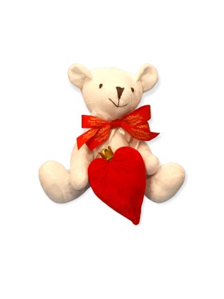 Αρκουδάκι βελούδινο λευκό με καρδούλα κόκκινη και μαγνητάκι
