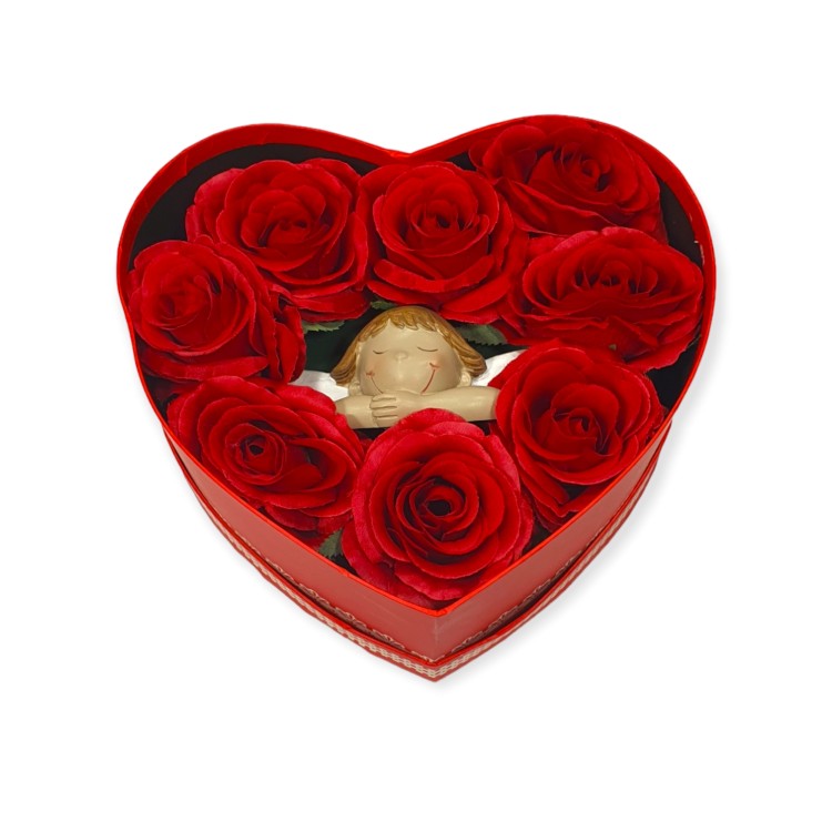Κουτί καρδιά με τριαντάφυλλα και αγγελάκι